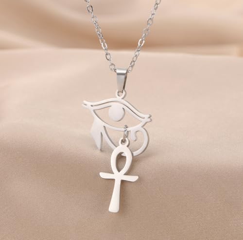Ankh Cross Y Necklace Key of Life Eye of Horus Pendant Cartouche Long Chain Protection African Coptic Amulet Ancient Egyptian Religious Jewelry Gift for Women Men - color: Ankh Cross Eye of Horus silver 2