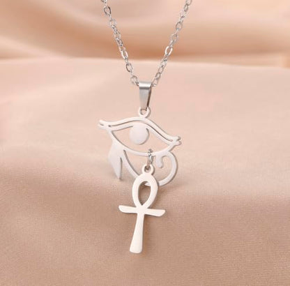 Ankh Cross Y Necklace Key of Life Eye of Horus Pendant Cartouche Long Chain Protection African Coptic Amulet Ancient Egyptian Religious Jewelry Gift for Women Men - color: Ankh Cross Eye of Horus silver 2