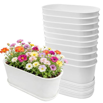10-Pack White Herb Planter Box with Drip Trays, 8.5 Inch Small Oval Window Planters for Kitchen Sill, Indoor Outdoor, Perfect for Basil, Mint, Succulents, Flowers - size: 10 Pack