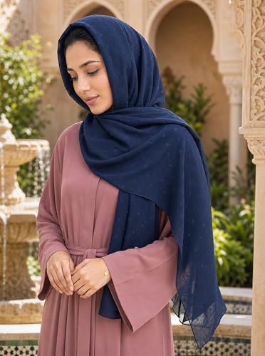 Chiffon Dotted Hijab Scarf for Women, Lightweight Textured Head Wrap Shawl,Soft Muslim Headscarf for Spring Fall - color: Mcmqxf2531-2#navyblue