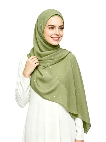 Lina & Lily Sparkle Shimmer Gold Glitter Women's Chiffon Hijab Head Scarf Shawl Wrap Lightweight - color: Light Olive