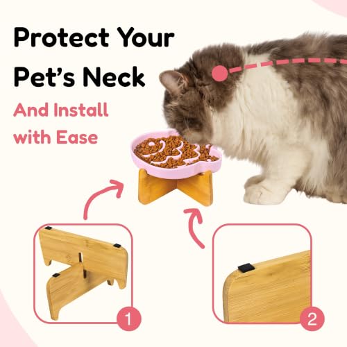 Elevated Slow Feeder Cat Bowl with Stand, 6.3''Ceramic Fish Maze Cat Food Bowl, Raised Whisker Friendly Wide Shallow Cat Dish for Wet & Dry Food, Non Slip Puzzle Feeder for Cats & Small Dogs (Pink) - color: Pink with Stand