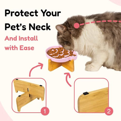 Elevated Slow Feeder Cat Bowl with Stand, 6.3''Ceramic Fish Maze Cat Food Bowl, Raised Whisker Friendly Wide Shallow Cat Dish for Wet & Dry Food, Non Slip Puzzle Feeder for Cats & Small Dogs (Pink) - color: Pink with Stand
