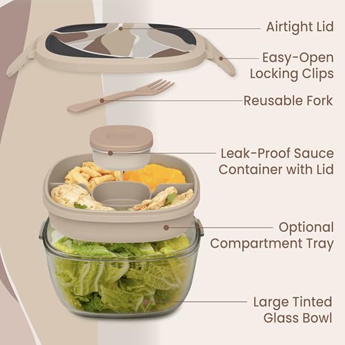Bentgo Glass Prints Salad Container - 7.6-Cup Tinted Glass Salad Bowl with Airtight Lid, Leak-Proof Sauce Container, 4-Compartment Bento Meal Prep Tray & Reusable Fork (Inky Abstract - Neutrals) - color: Inky Abstract - Neutrals