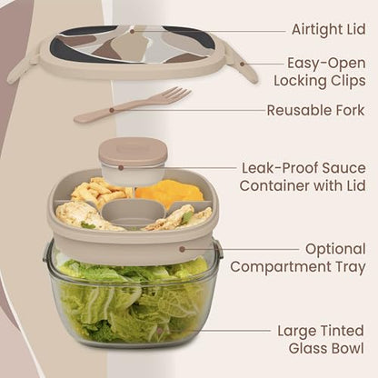 Bentgo Glass Prints Salad Container - 7.6-Cup Tinted Glass Salad Bowl with Airtight Lid, Leak-Proof Sauce Container, 4-Compartment Bento Meal Prep Tray & Reusable Fork (Inky Abstract - Neutrals) - color: Inky Abstract - Neutrals
