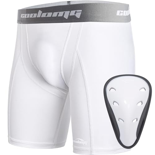 COOLOMG Youth Boys Compression Shorts with Athletic Cup Baseball Football | Sports Protective Groin Cup Underwear for Tball MMA Lacrosse Hockey - color: White, size: Medium