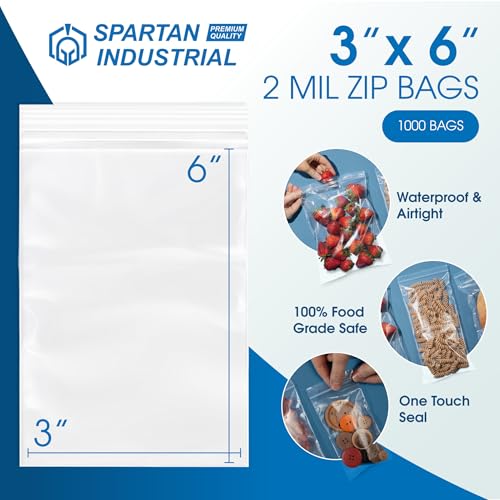Spartan Industrial - 3” X 6” (1000 Count) 2 Mil Clear Reclosable Zip Plastic Poly Bags with Resealable Lock Seal Zipper - size: 3” X 6”
