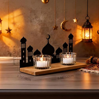 Wooden Ramadan Decorations for Home, Mosque Candle Holder with 2 Glass Tealight Votive Holders, Eid Mubarak Table Decor Centerpiece, Islamic Gifts for Ramadan Kareem, Muslim Home Decor