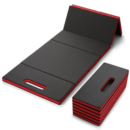 Folding Kneeling Pad, 1 Inch Thick Compact Mechanic Mat, Red | 47.24 x 15.74 Inch 6-Panel Firm Foam Pad with Carry Handle, Water-Resistant Textured Surface for Garage and DIY Work - color: Red