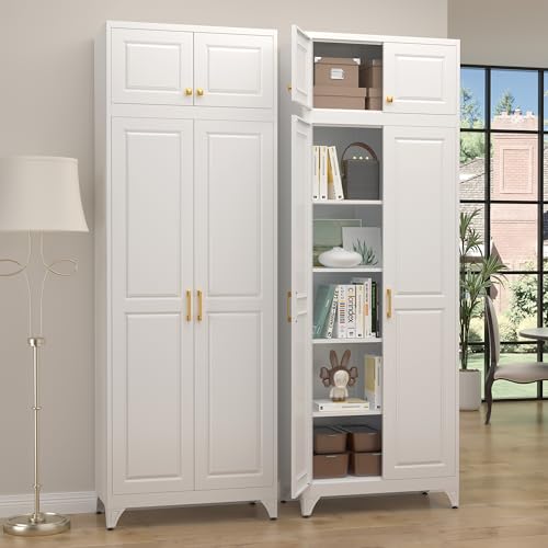 SteeLoong 90”Metal Pantry Storage Cabinet with Doors & 4 Adjustable Shelves | Kitchen Pantry Cabinet,White Kitchen Cabinet with 4 Gold Handles,Tall Cabinet for Livingroom,Pantry, Bathroom,Kitchen,Garage - color: White, size: 90"H-A