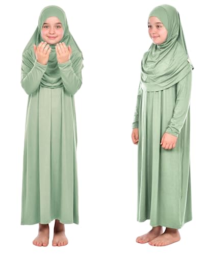 Prien Kids Prayer Dress Muslim Clothes for Girls Long Sleeve Abaya with Hijab Two Piece Maxi Islamic Set Scarf Kaftan Jilbab - color: Mint