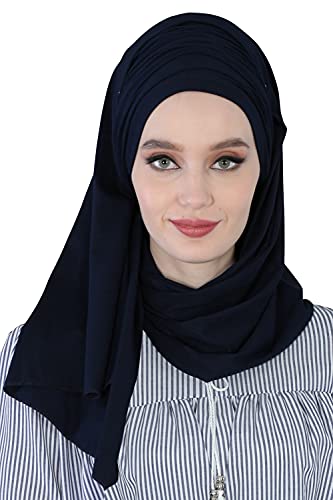 Aisha's Design Instant Hijab Scarves for Women, 95% Cotton Pretied Bonnet Turban Easy to Wear Cotton Headscarf - color: Navy Blue