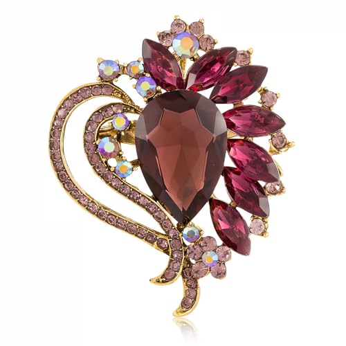 LAXPICOL Vintage Austrian Crystal Elegant Heart Flower Brooch Pin For Women Wedding Broach Pin - color: purple