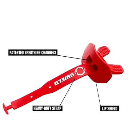 O Shield Striker Football Lip Guard with Permanent Strap | Football Lip Guard with Permanent Strap — Front Teeth, Lip, and Full Bite-Surface Coverage, No-Boil Ready Fit - color: Red