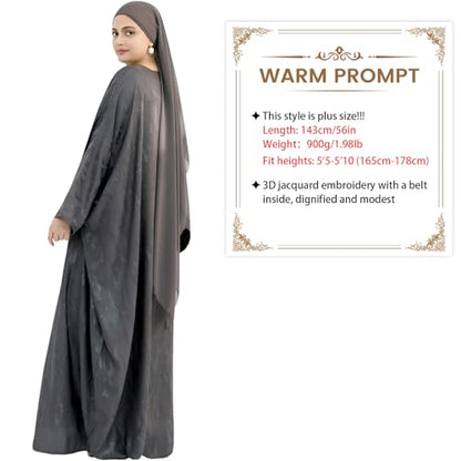 khalat Abaya Muslim Dress Women Satin Jacquard Prayer Dress Batwing Long Sleeve Islamic Dubai Robe with Chiffon Hijab - color: Grey