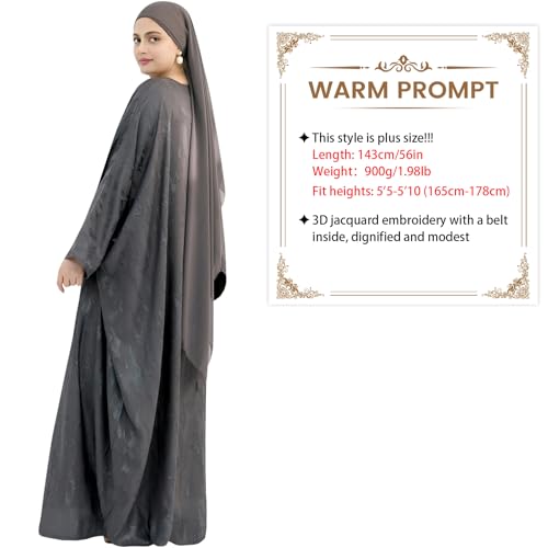 khalat Abaya Muslim Dress Women Satin Jacquard Prayer Dress Batwing Long Sleeve Islamic Dubai Robe with Chiffon Hijab - color: Grey