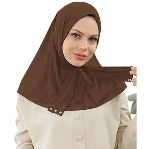 AIBEARTY Women Fashion Instant Muslim Turban Hijab with Snap Fastener Breathable Headscarf Bonnet Cap Turban Hat Shawl - color: Modal Brown-3 Buttons
