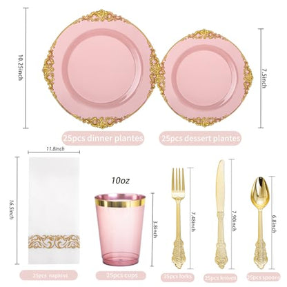 Hioasis 175pcs Burgundy and Gold Plates - Burgundy Party Plates for 25 Guest, Include 50 Heavy-duty Plates(20% Thicker Than Standard), 75 Cutlery Set, 25 Napkin, 25 Cups - color: Burgundy and Gold