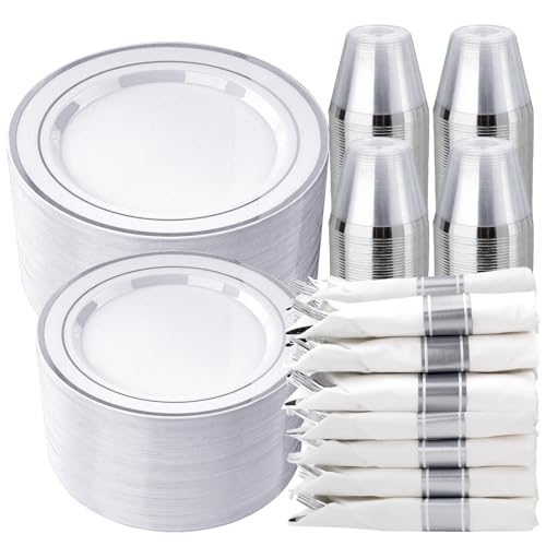 realluck 350 PCS White and Silver Plastic Dinnerware Set for 50 Guests, 100 Disposable Plates for Party, 50 Pre Rolled Napkins with Silver Silverware, 50 Cups - color: White Silver, size: 50 Guests