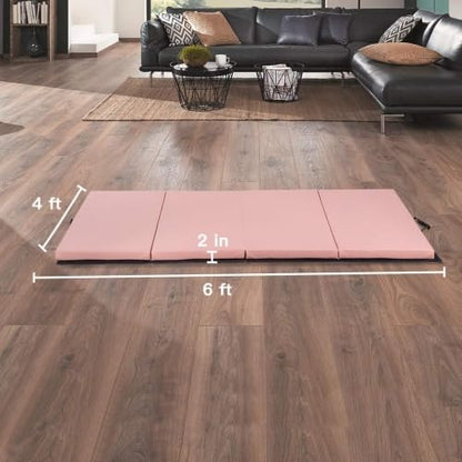 Folding Gymnastics and Exercise Mat - 6'x4'x2 Thick - PU Leather Tumbling Mat with Hook & Loop Fastener - Ideal for Gymnastics, Aerobics, Yoga, Cheerleading, Martial Arts - color: Pink