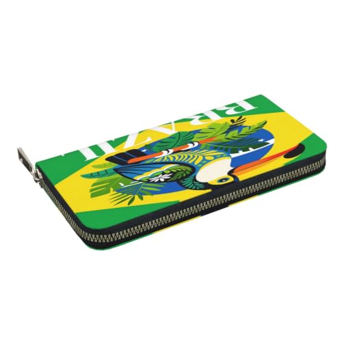 Brazil Toucan Green Background PU Leather Long Wallet for Women Men, Zipper Clutch Wallet RFID Card Holder Organizer - color: Brazil Toucan Green Background