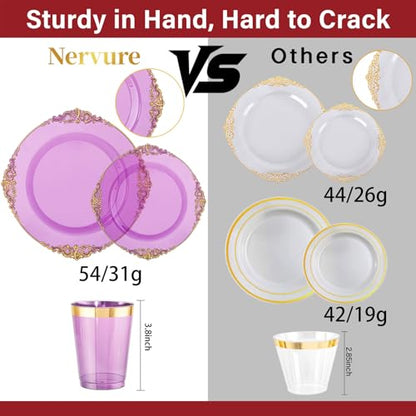Nervure 175PCS Clear Purple Plastic Plates - Purple Party Plates Set for 25 Guests Include 25Dinner Plate, 25Dessert Plate, 25Cups, 75 Cutlery, 25Napkins Perfect for Wedding, Party & Bridal - color: Transparent Purple, style: 175Pcs(25Guests)