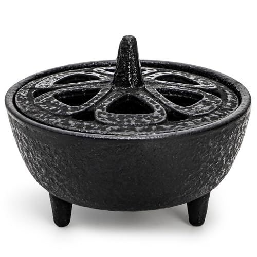 Elsjoy Cast Iron Incense Burner, Vintage Tripod Incense Holder with Lid and Handle, Mini Cauldron Incense Burner for Resins, Cones, Wax Melts