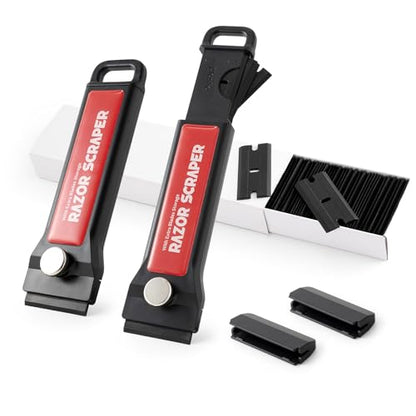 Plastic Razor Blade Scraper Tool with Blade Container 2PCS Razor Scraper with Extra 100PCS Plastic Blades for Adhesive Labels and Decals Sticker Removal on Car Window Glass Floor (W80)