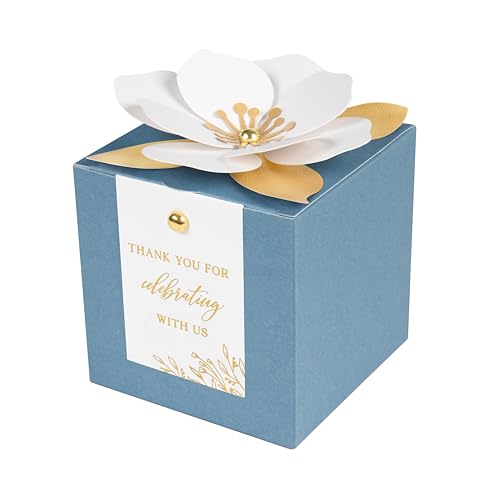 FEIYI 20 PCS Dusty Blue Gift Boxes, 3 In 1 Favor Boxes with Floral Decor, White Thank You Tags Cupcake Containers Gift wrapping for Wedding, Baby Shower, Birthday, Decorations Party - 3.55x3.55x3.55 - color: Dusty Blue, size: Large-(3.55")