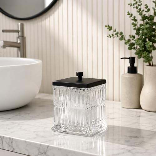 Vince Camuto Home Glass Cotton Jar Holder – Matte Black Lid, Elegant Bathroom Storage Canister for Qtips, Cotton Balls, Floss, Makeup Organizer, Vanity & Bathroom Organization - color: CLEAR GLASS MATTE BLACK LID