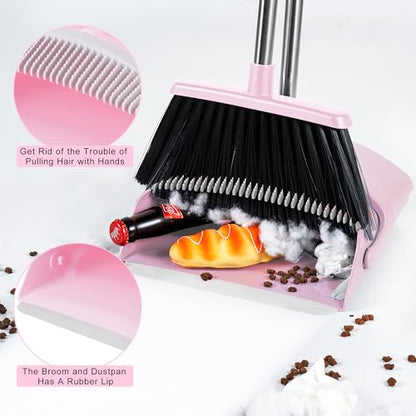 BSKLIN Broom and Dustpan Set for Home, 52” Long Handle Broom with Dustpan Combo Set with Dust Pan Teeth to Clean Hair Sweeping Set for Kitchen Hardwood Floors Pet Hair (Pink) - size: pink
