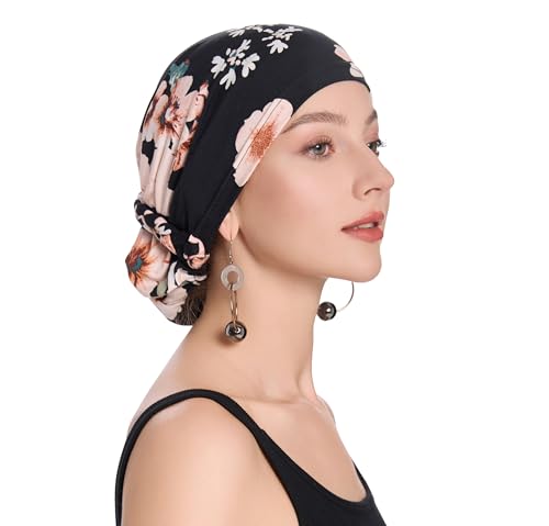 ZLYC Hijab Cap for Women Lightweight Undercap with Bun Loop Underscarf Hat - color: Flowers Black