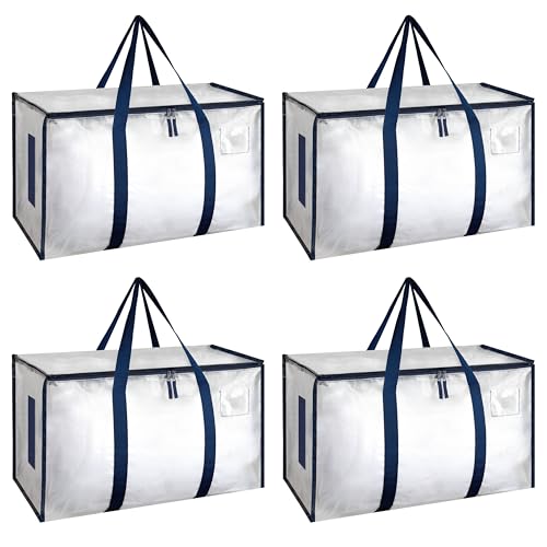HealSmart 4 Pack Large Moving Bags with Zippers & Handles, Moving Supplies with lids, Heavy Duty Totes for Space Saving, Fold Flat, Moving and Storing, Clear - color: Clear, size: 4-Pack, style: Carrying Handle
