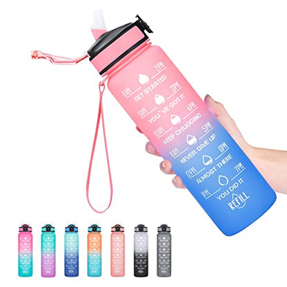 Hyeta Water Bottle with Straw & Time Marker, Plastic 32oz Leakproof | Motivational Tritan BPA Free Gym Office Outdoor Intake Tracker Hourly Reminder Straw Lid Carry Strap - color: Pink-Blue