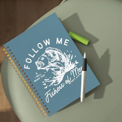 WUCHJ Lake Blue Retro Fish Christian Notebook, Matthew 4:19 Bible Verse Journal, Religious Scripture Spiral Notebook Journal for Note Taking, Christian Faith Based Gifts for Women Men, 5.5x8.3 Inch - color: lake blue fish follow me
