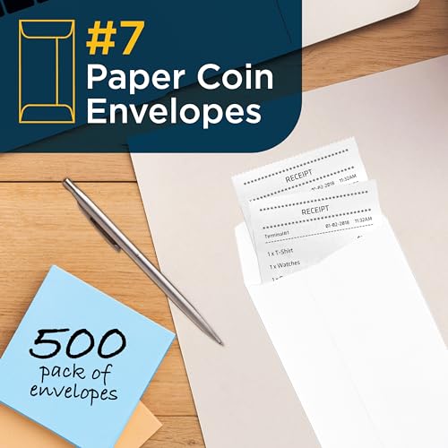 Guardian #7 Paper Coin Envelopes - Made in America with Gummed Flaps, Pack of 500 Blank Cash Envelopes for Coins, Receipts, Seeds, Small Parts Storage, and More, 3 ½ x 6 ½ Inches, White - color: White