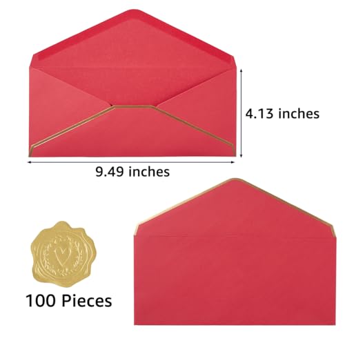 100 Pack #10 Business Envelopes with Gold Stickers, Red - color: Red
