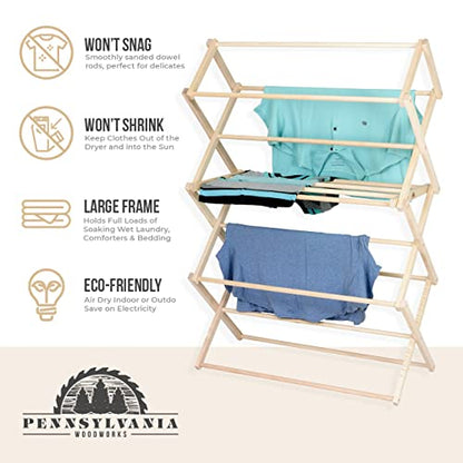 Pennsylvania Woodworks Clothes Drying Rack: Solid Maple Hard Wood Laundry Rack for Sweaters, Blouses, Lingerie & More, Durable Folding Drying Rack, Made in USA, No Assembly Needed, Large - color: Large