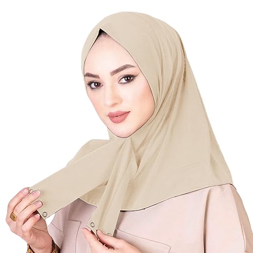 AIBEARTY Women Fashion Instant Muslim Turban Hijab with Snap Fastener Breathable Headscarf Bonnet Cap Turban Hat Shawl - color: Modal Beige-3 Buttons