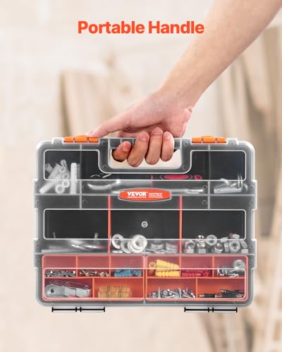 VEVOR 3-Pack Small Parts Organizer, 21 Compartments Tools Organizer Box with Removable Dividers, PP Hardware Storage Box with Safety Latch & Portable Handle for Nuts, Bolts, Screws, Nails