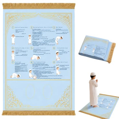 Prayer Mat with Instructions, Suede Muslim Prayer Rug for Beginners | suede prayer mat with Arabic, English, and transliteration guidance for home, school, travel, kids, and reverts. - color: Blue