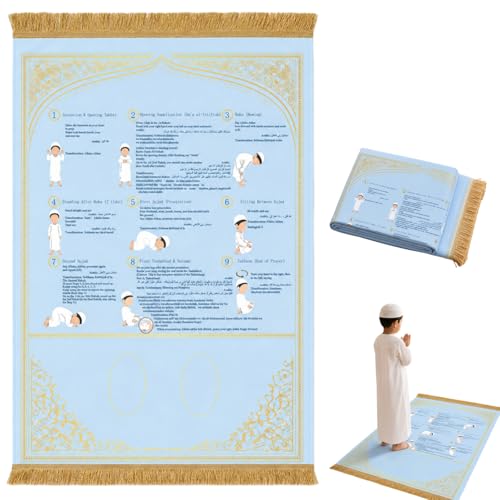 Prayer Mat with Instructions, Suede Muslim Prayer Rug for Beginners | suede prayer mat with Arabic, English, and transliteration guidance for home, school, travel, kids, and reverts. - color: Blue