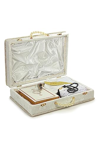 ihvan online Muslim Prayer Rug Set, Islamic Dowry Gift Box for Men & Women, Shawl, Kufi Hat, Digital Beads Counter, Quran Gift, Elegant Islamic Gifts Set for Ramadan & Eid & Wedding, White - color: White