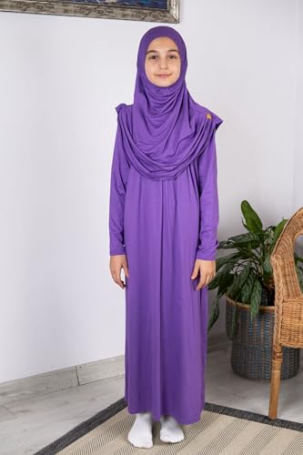 ihvan online Muslim Dress for Girls, Long Sleeve One-Piece Islamic Prayer Dress, Hijab for Kids, Girls Abaya, Islamic Gifts - color: Dark Purple