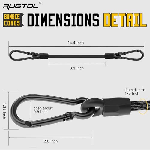 Bungee Cords with Hooks, 12 Inch Long Heavy Duty Bungee Cords with Carabiner Clip Outdoor, 1/3 Inch Black Extra Strong Elastic Rope with Carabiner Hooks for Camping, Tarps, Bike Rack, Tent, 4 Pack - size: Upgraded - 12"- 4 pcs