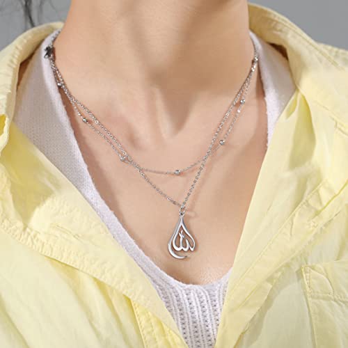 UNIFT Islamic Muslim Allah Layered Necklaces For Women Stainless Steel Charm Water Drop Heart Shape Allah Pendant Double Layer Necklace Islamic Jewelry - color: silver