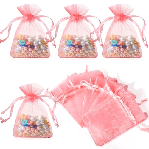 WenTao 100pcs Pink Organza Bags, 2x3inch Mesh Gift Bags Jewelry Pouches Drawstring Empty Sachet for Shower Party Favor Present Giveaways - color: pink