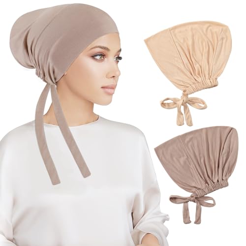 PHOGARY 2 Pcs Women Hijab Undercap, Islamic Muslim Under Hijab Cap Inner Under Scarf Hat Turban with Tie Back Closure - color: Beige,light Khaki