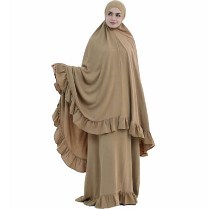 2PCS Women Muslim Prayer Abaya Dress Ruffle Trim Side Pockets with Khimar - color: Khaki, size: Large