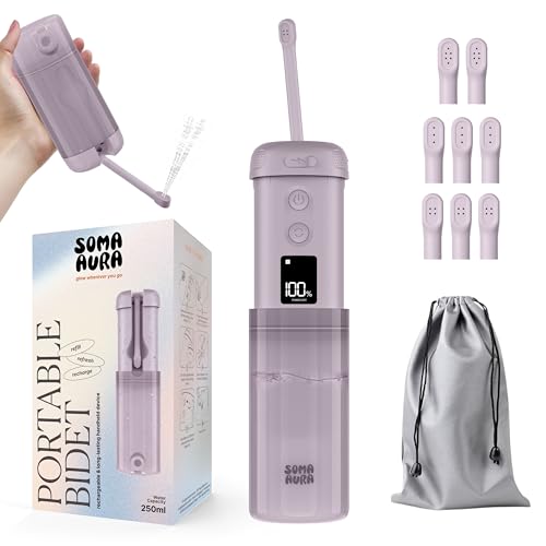 Portable Bidet - 250ml Rechargeable Electric Handheld Bidet with 5 Adjustable Spray Modes, 8 Replaceable Nozzles for Peri Bottle for Travel, Perineal, Postpartum & Post-Surgery Care (Purple)
